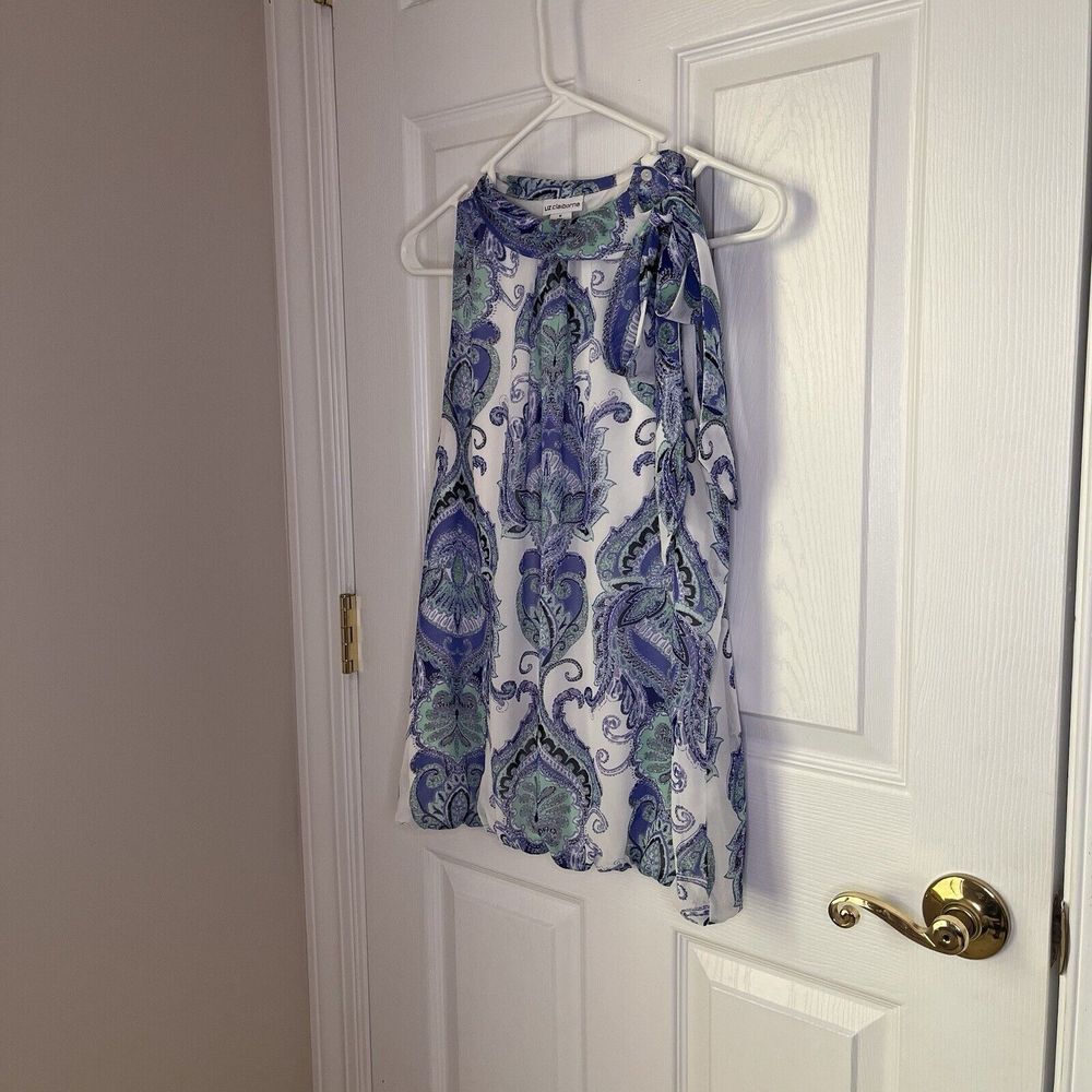 Liz Claiborne Blue Paisley Sleeveless Blouse High Neck Tie - Size Medium - Picture 6 of 9